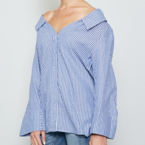 HAYLEY OFF THE SHOULDER BLUE BUTTON DOWN TOP - Picture 3 of 6